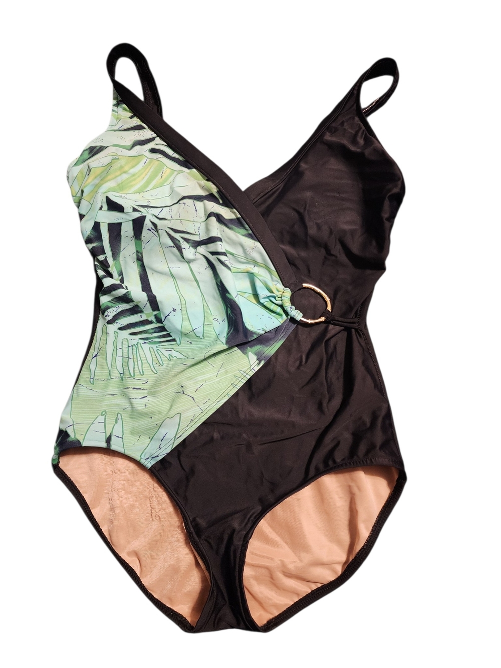 Women’s Black One-Piece Swimsuit with Green Tropical Print